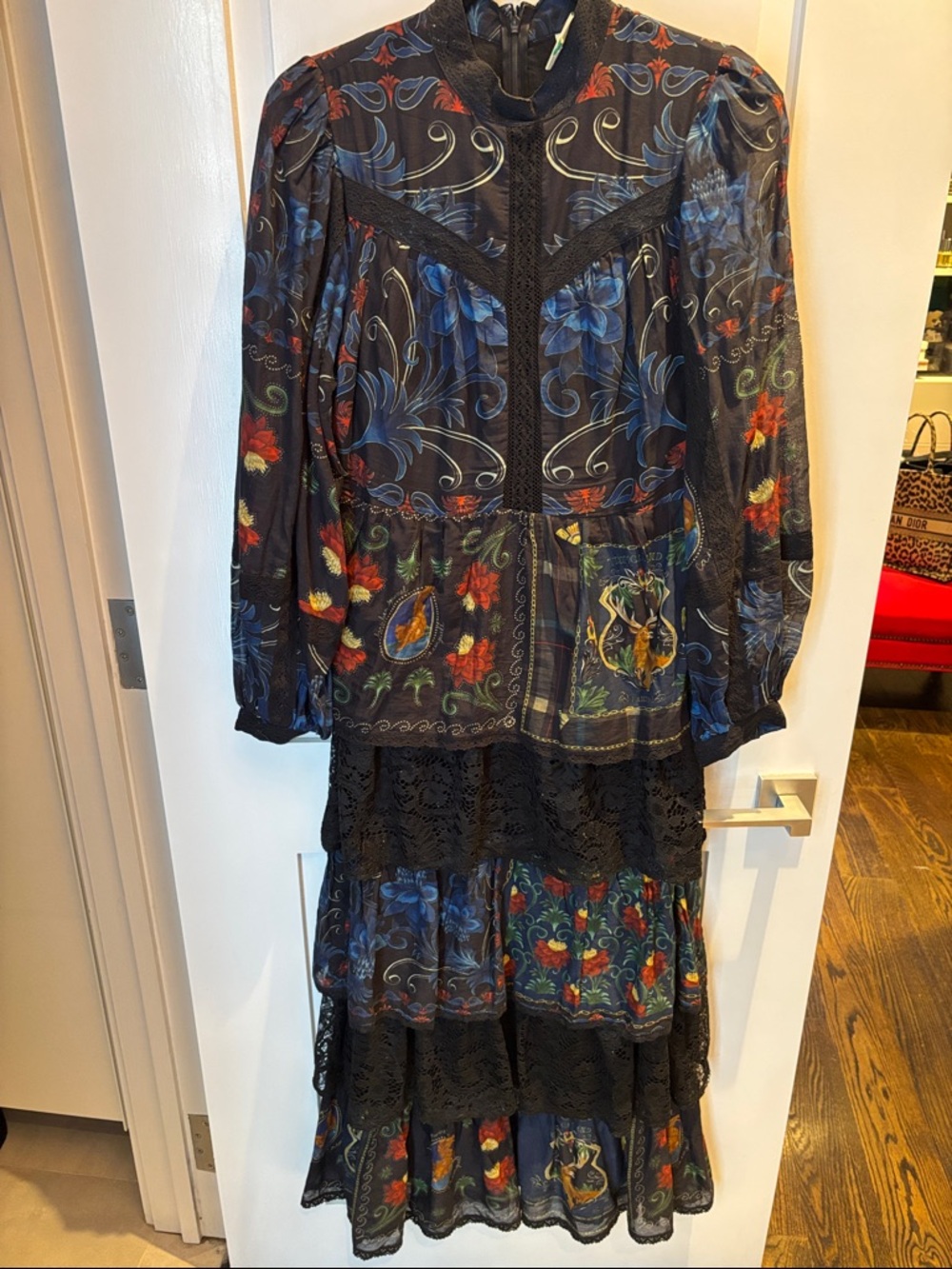 FARM Rio Black Maxi Dress with Blue, Red & Green Floral Print
